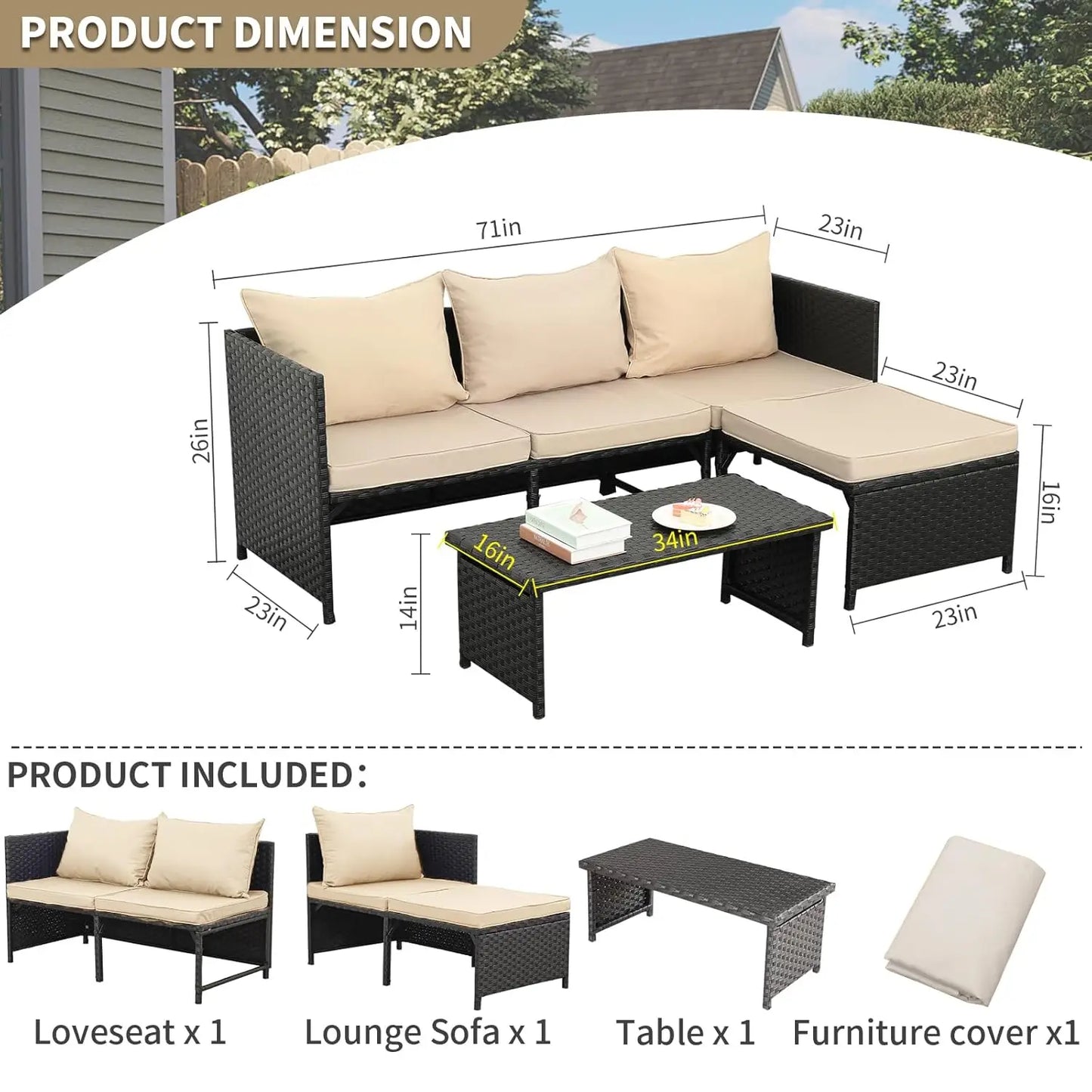 3-Piece Outdoor PE Rattan Furniture Set