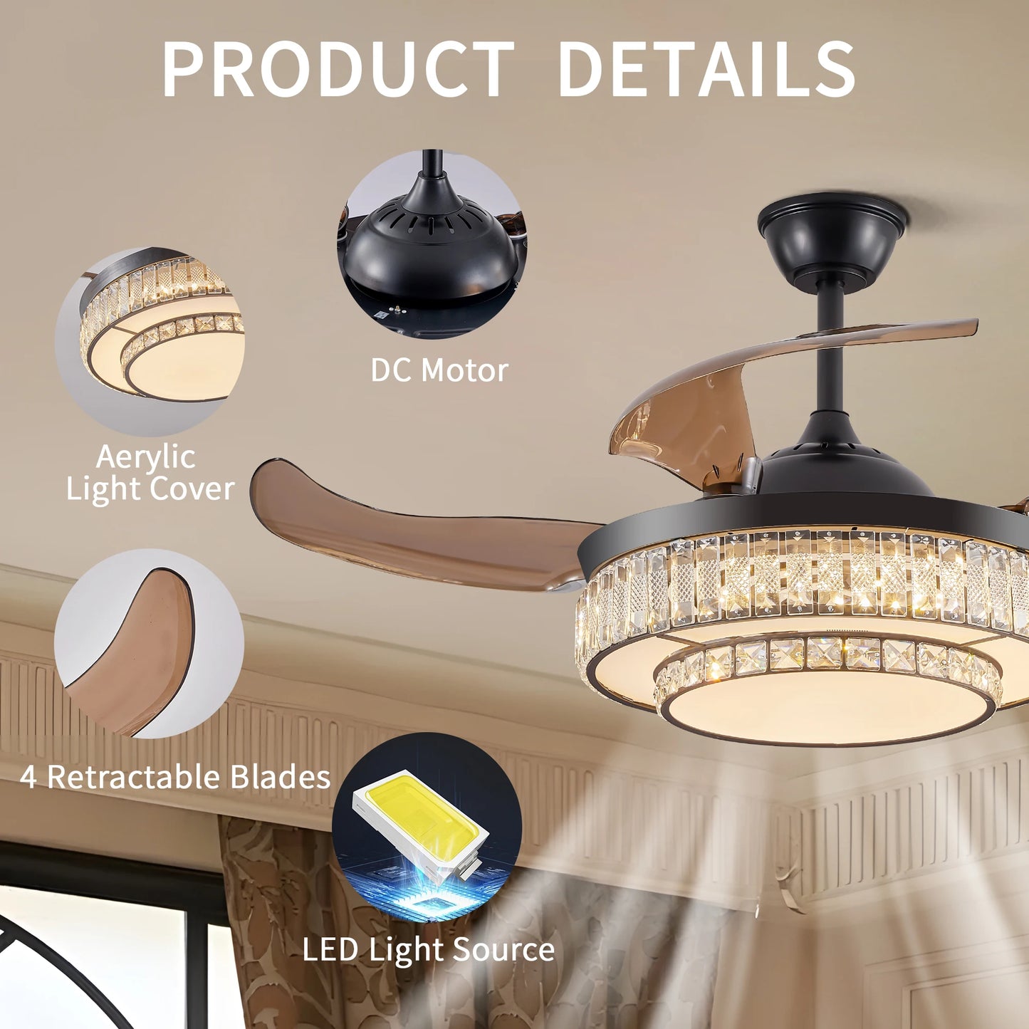 ARLGSITE Luxurious Crystal Ceiling Fan Light