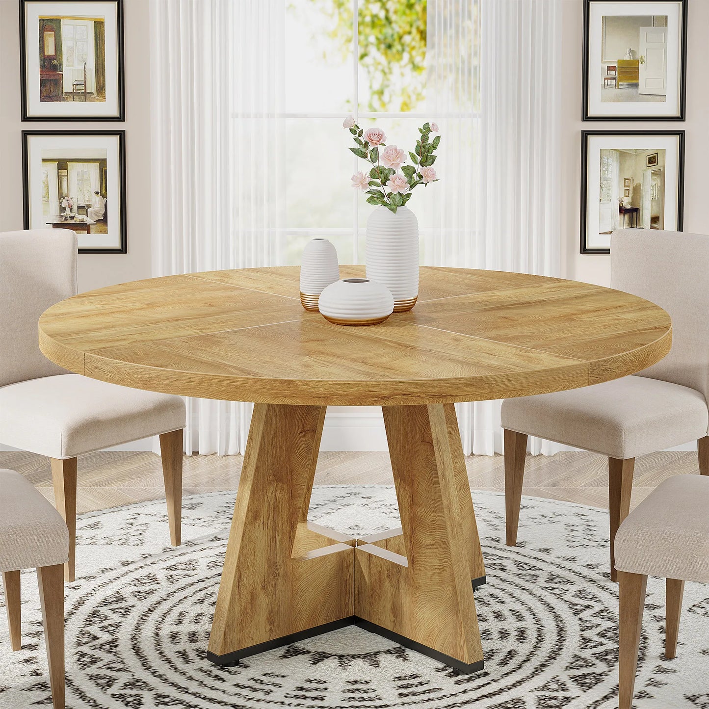 Farmhouse Round Dining Table for 4, 47 Inch