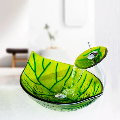Art Bathroom Basin Faucet Sets Leaf Tempered Glass