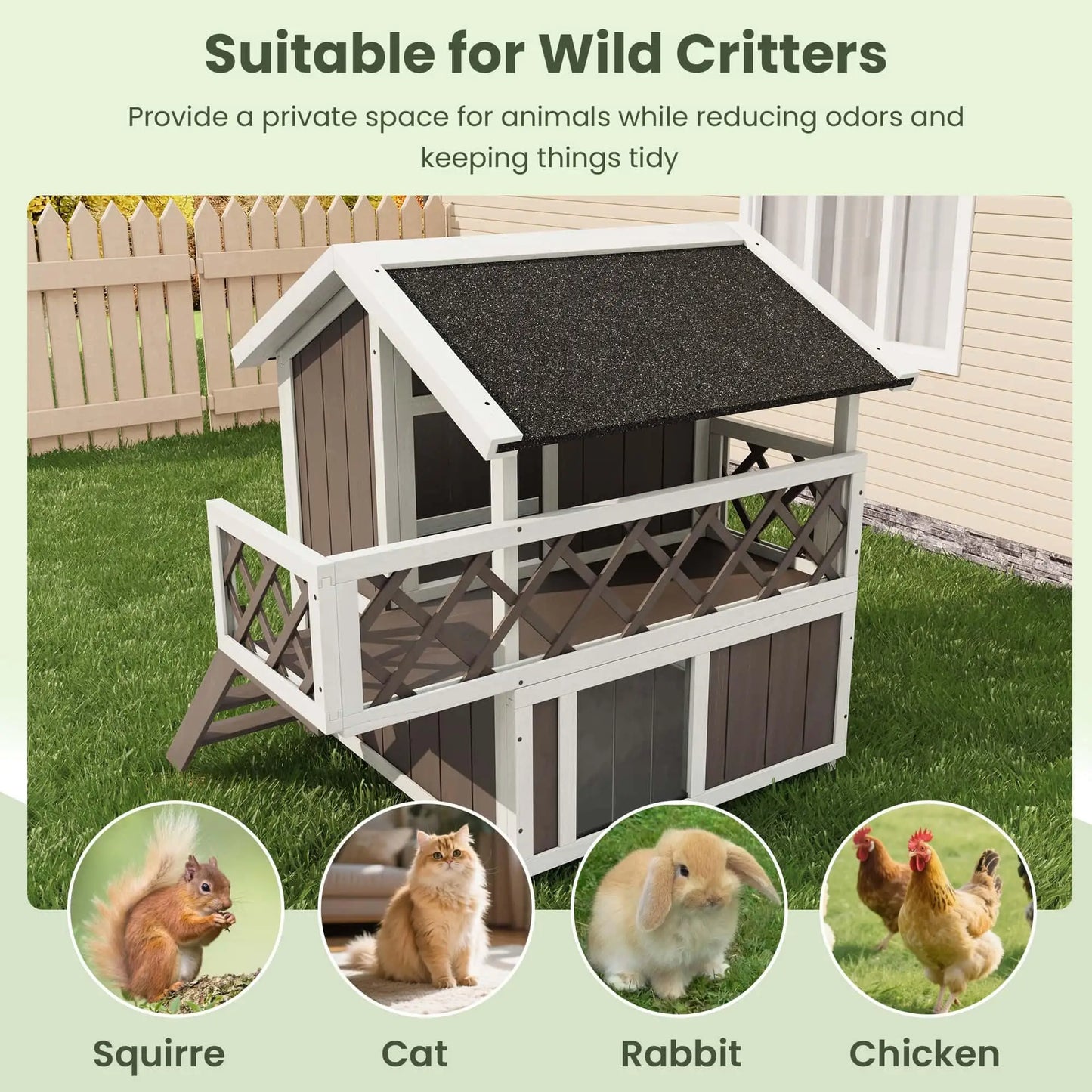 Weatherproof 2-Story Outdoor Cat House With Balcony