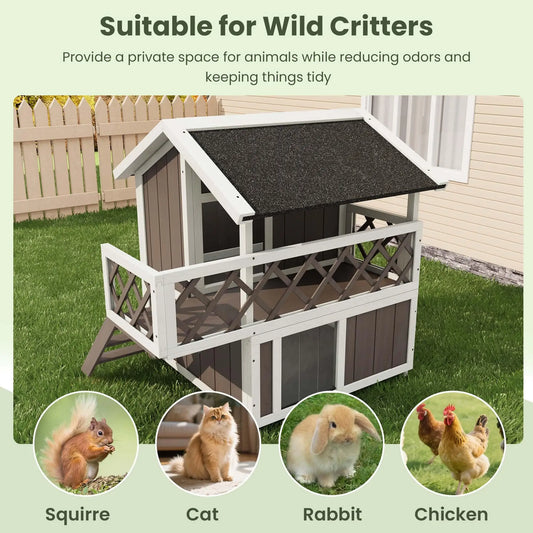 Weatherproof 2-Story Outdoor Cat House With Balcony