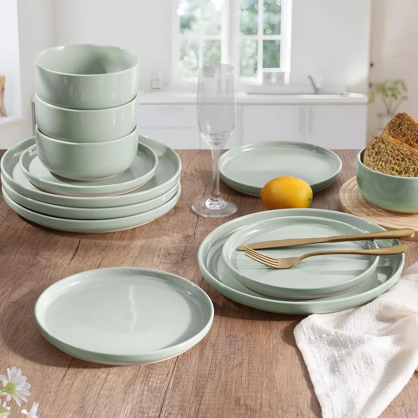 Stoneware Dinnerware Set Speckled Asparagus Green