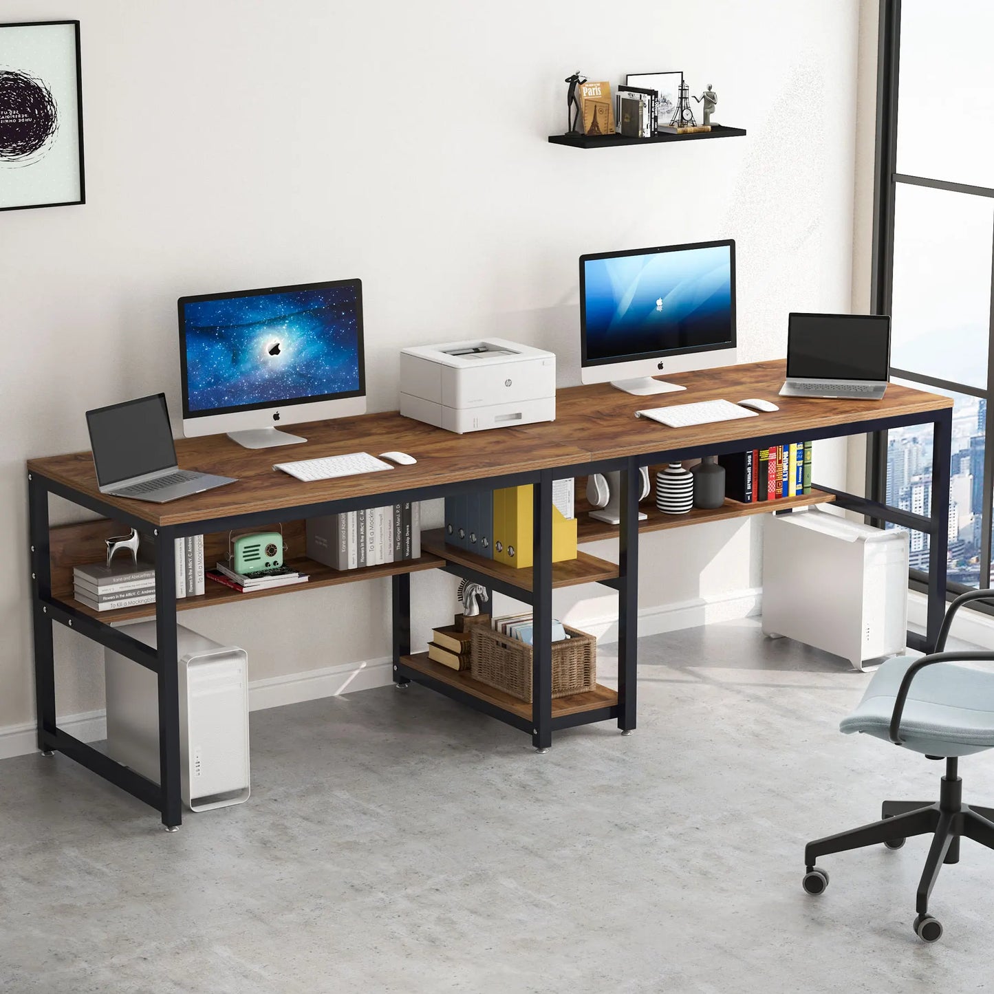 Two Person Desk with Bookshelf