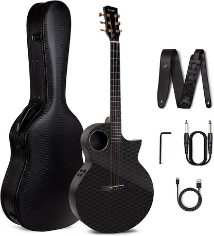 Enya Carbon Fiber Acoustic Electric Guitar with Hard Case, Leather Strap, USB Type-C Cable and Instrument, X4 Pro