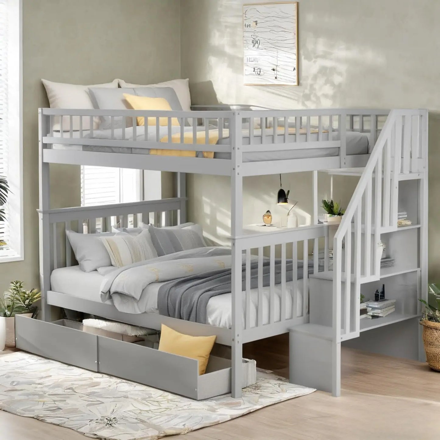 Full Wood Bunk Bed With Drawers Stairs Shelves