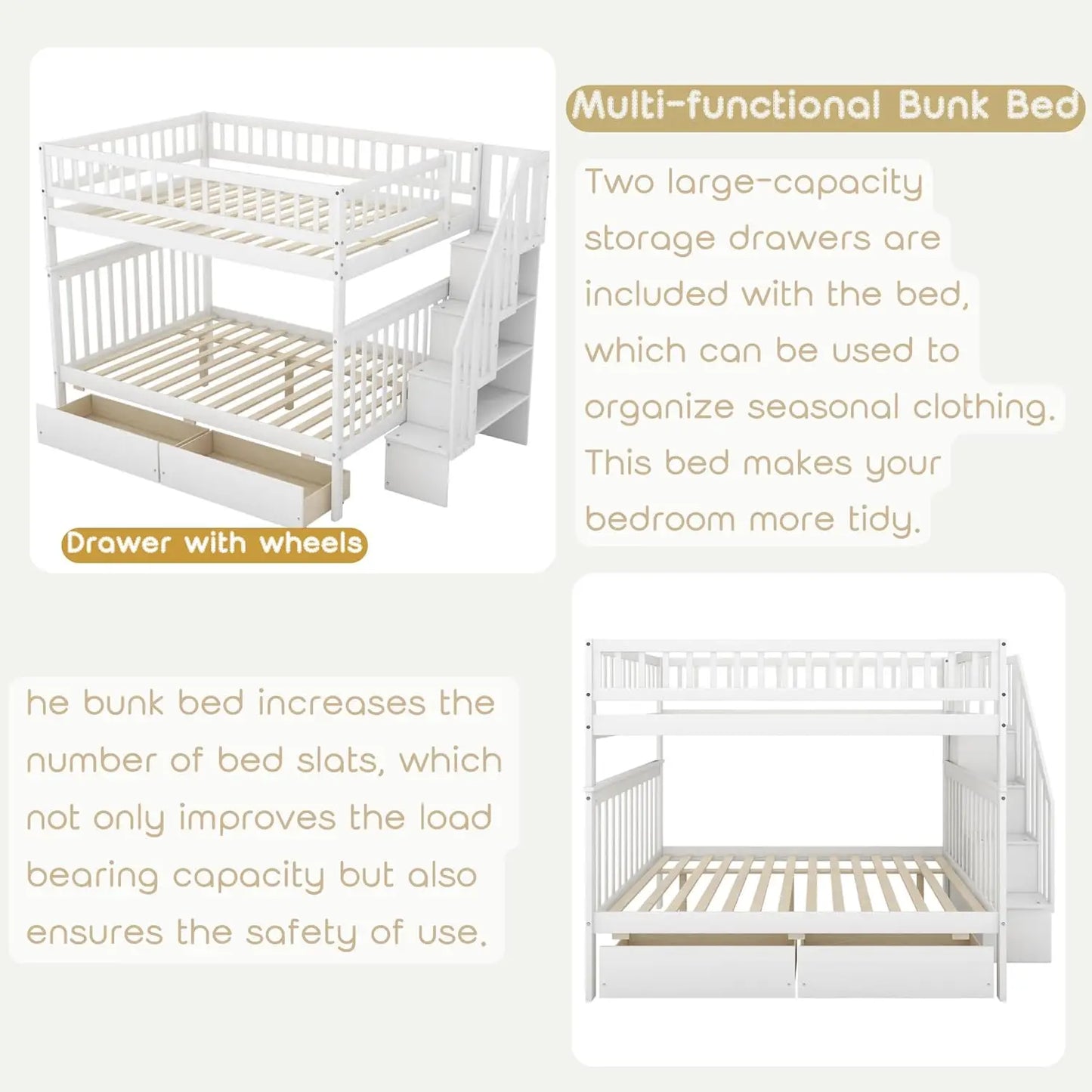 Full Wood Bunk Bed With Drawers Stairs Shelves