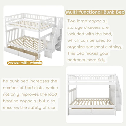 Full Wood Bunk Bed With Drawers Stairs Shelves