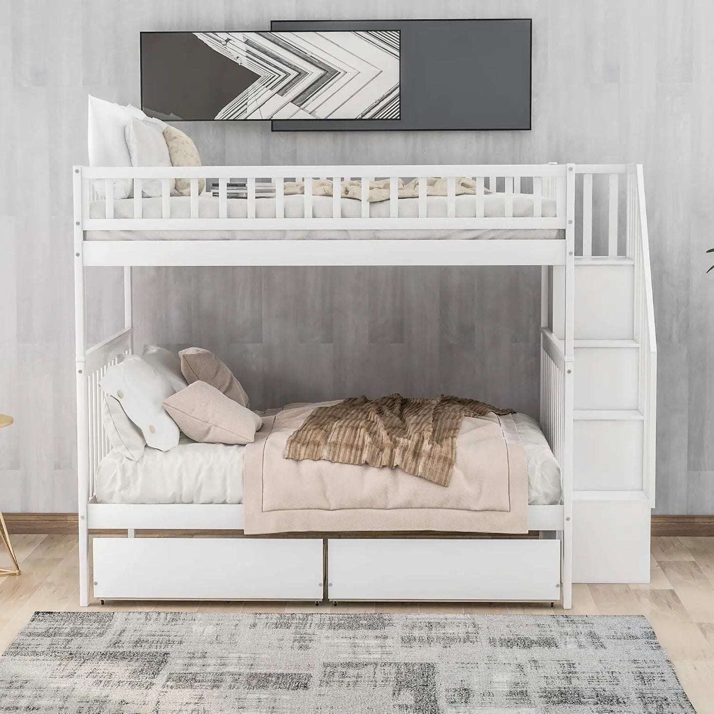 Full Wood Bunk Bed With Drawers Stairs Shelves