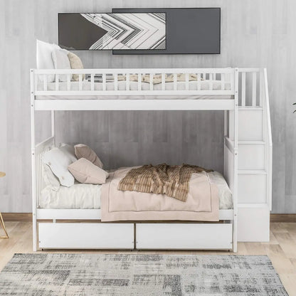 Full Wood Bunk Bed With Drawers Stairs Shelves