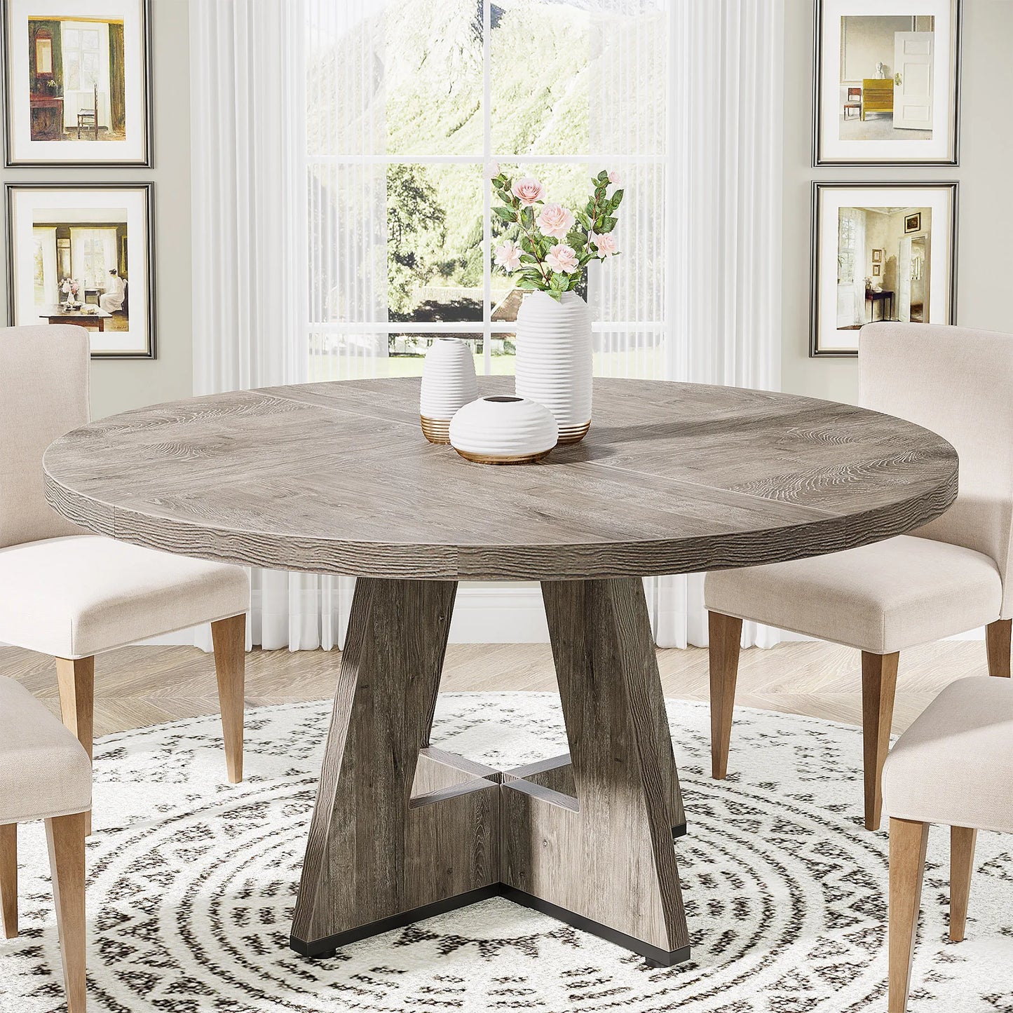 Farmhouse Round Dining Table for 4, 47 Inch