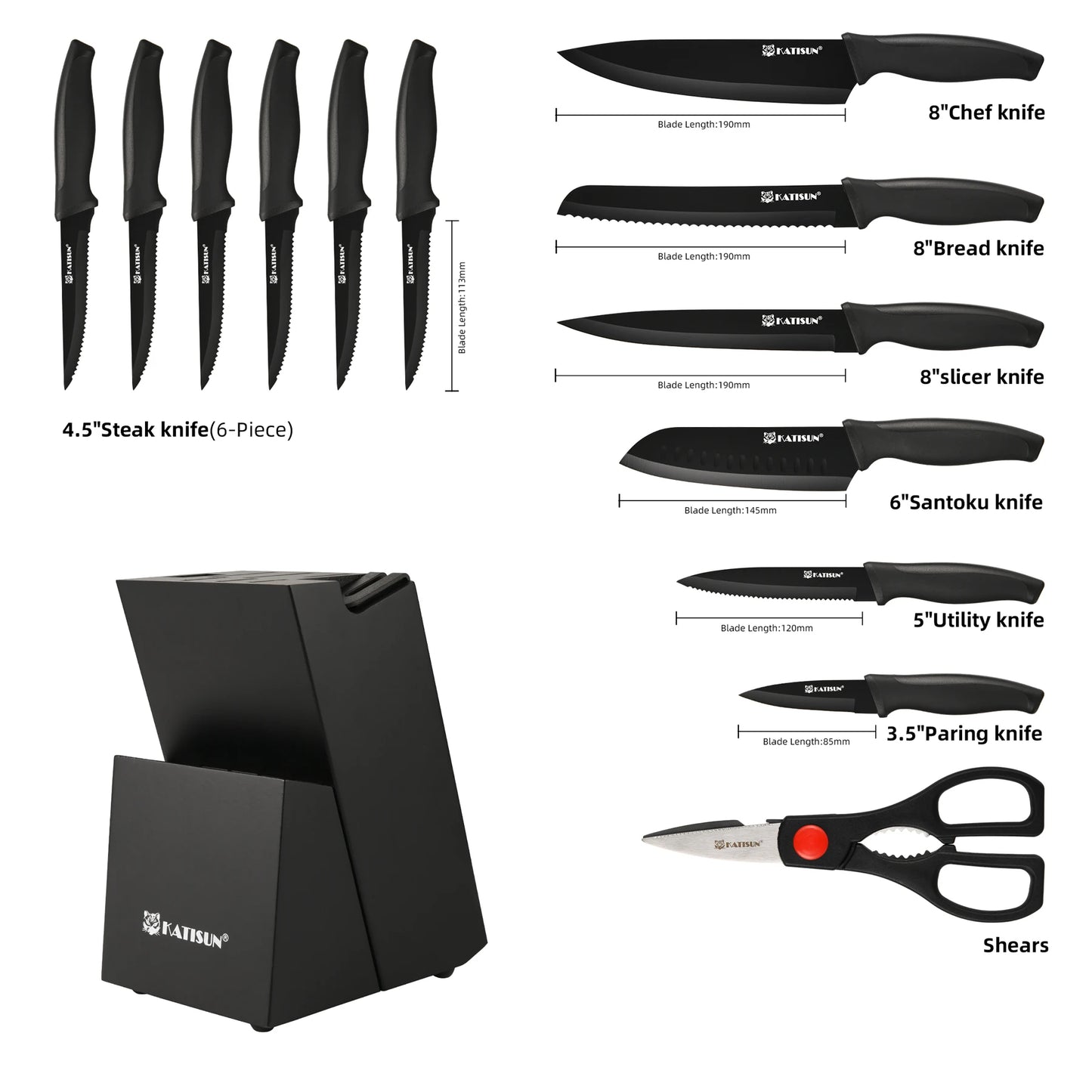 15 Pieces Carbon Steel Kitchen Knife Block Set