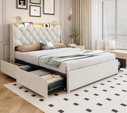 Queen Size Bed Frame 4 Drawers Headboard