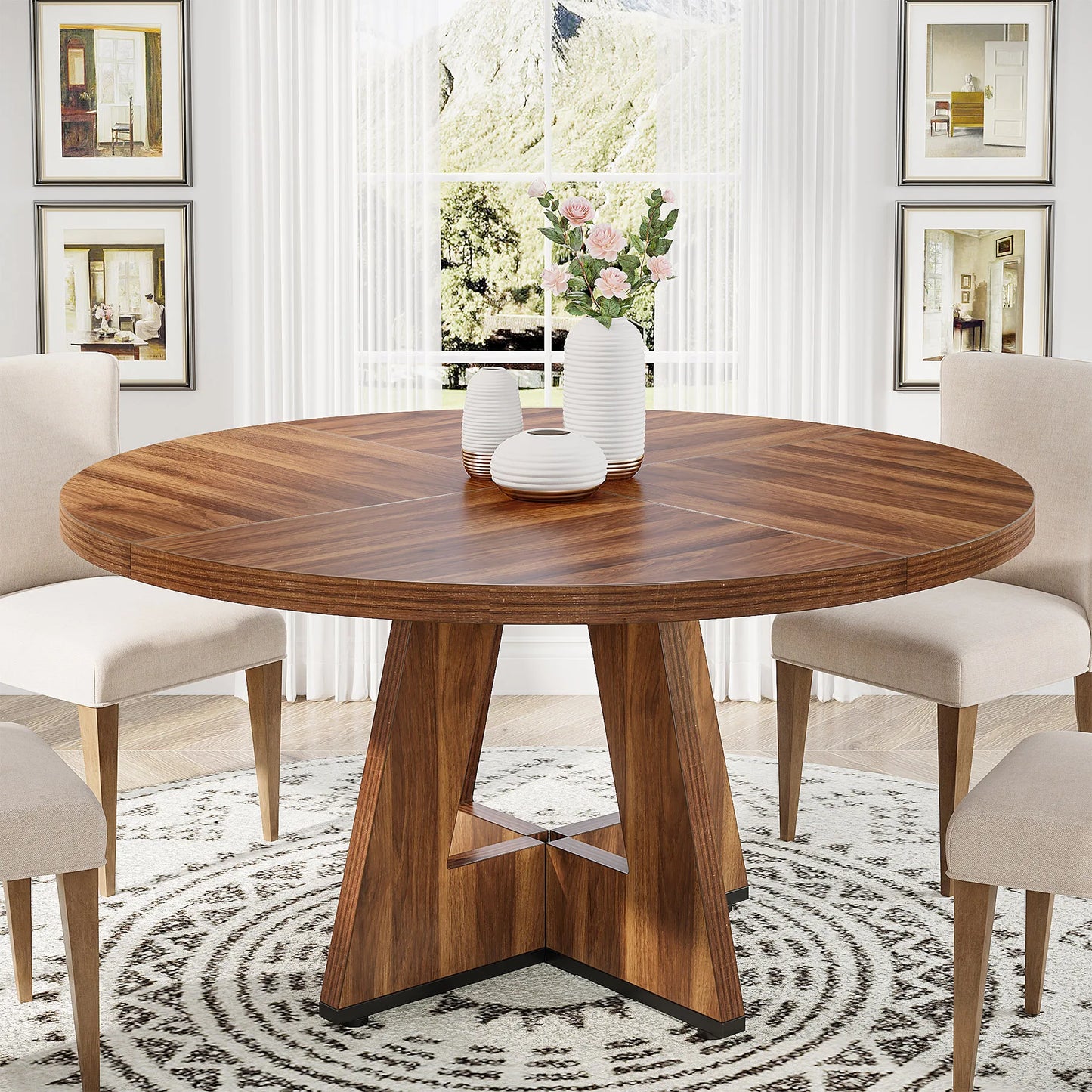 Farmhouse Round Dining Table for 4, 47 Inch