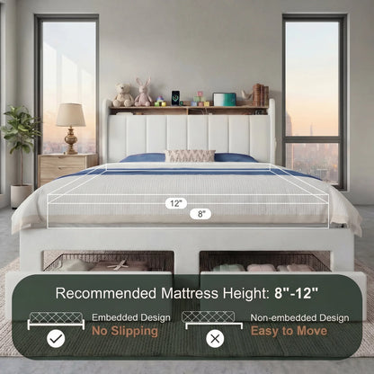 Bed Frame, 2 Storage Drawers Shelves