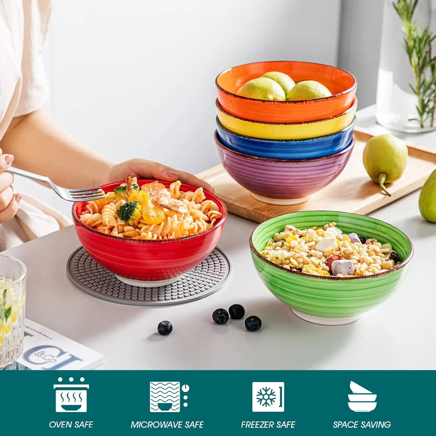 Set Of 6 Colorful Ceramic Soup Bowls