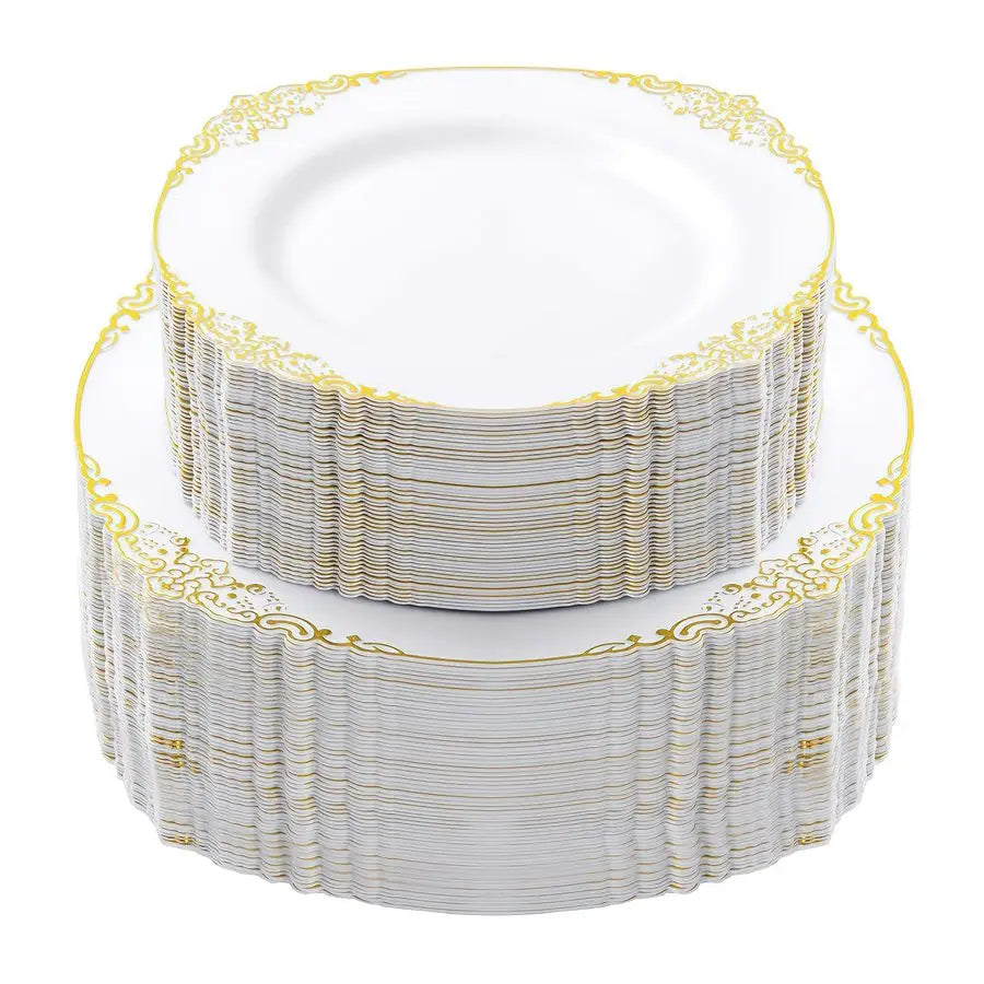 PCS White and Gold Plastic Plates for 100 Guests