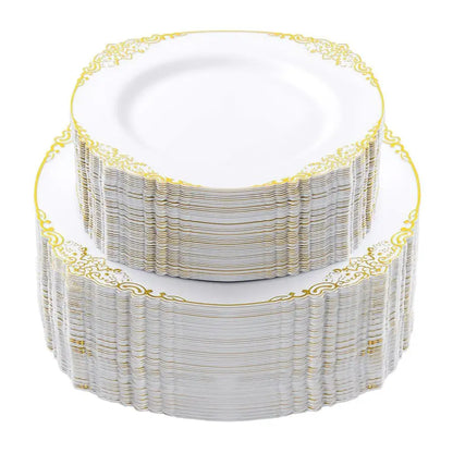 PCS White and Gold Plastic Plates for 100 Guests