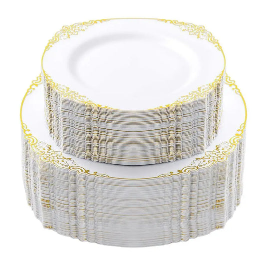 PCS White and Gold Plastic Plates for 100 Guests