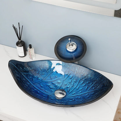Art Bathroom Basin Faucet Sets Leaf Tempered Glass