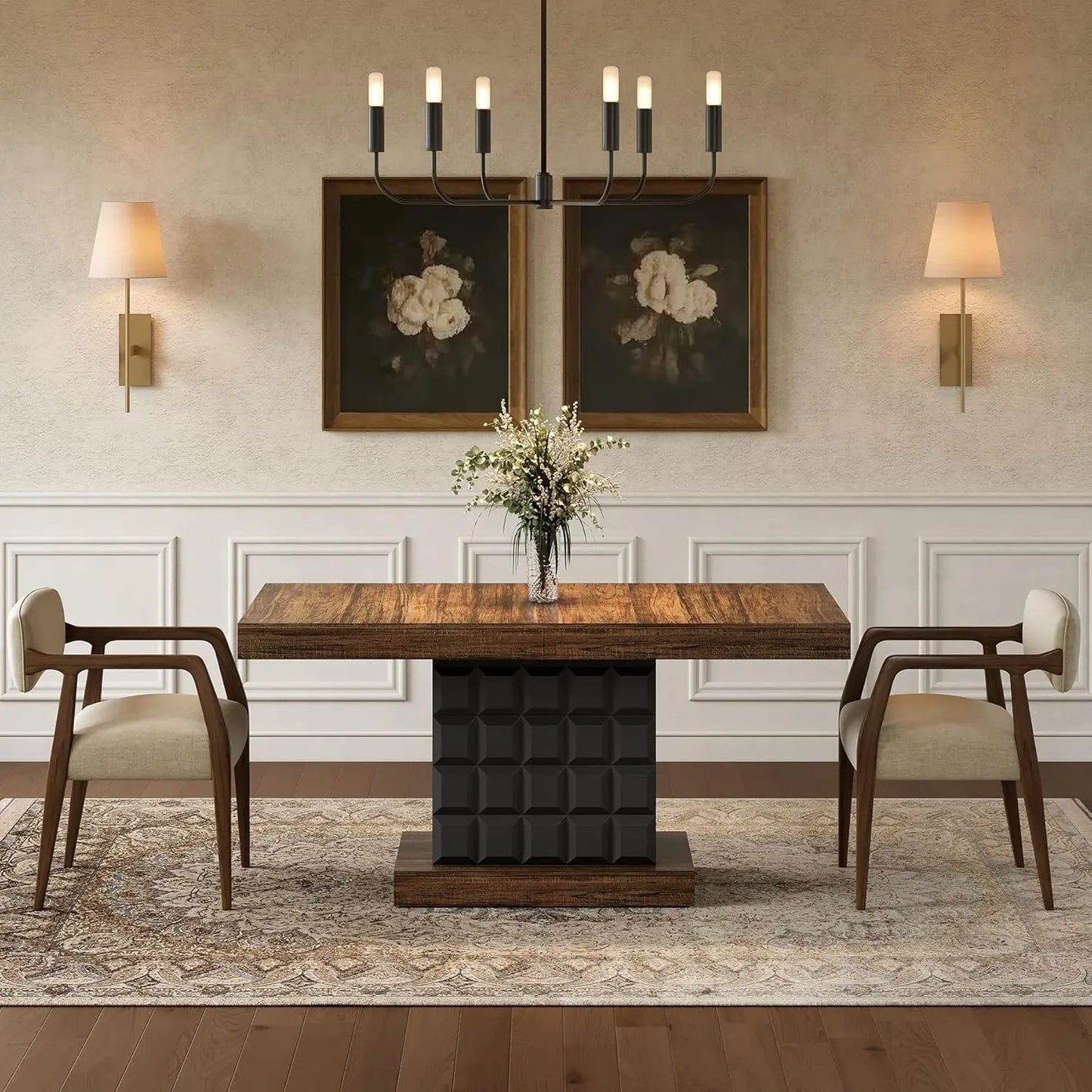 Farmhouse Kitchen Table With Sturdy Wood Pedestal Base
