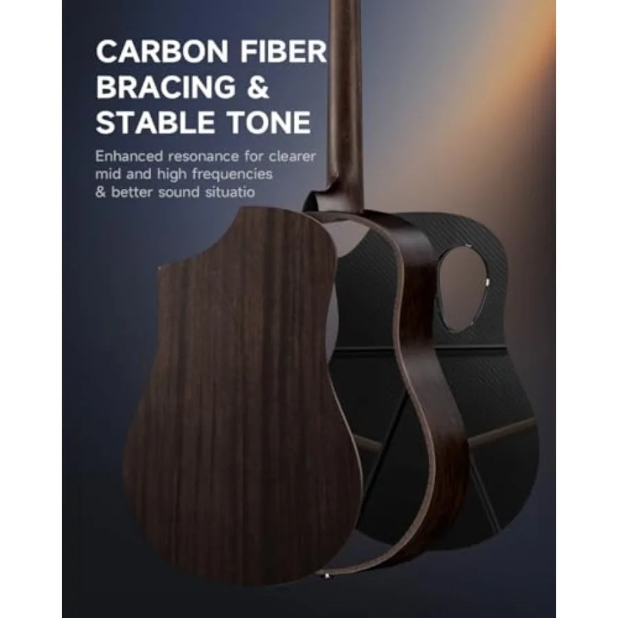 Acoustic Electric Guitar Beginner Kits for practice and performance, carbon fiber top, wooden bowl, built-in pickups, 38 inch,