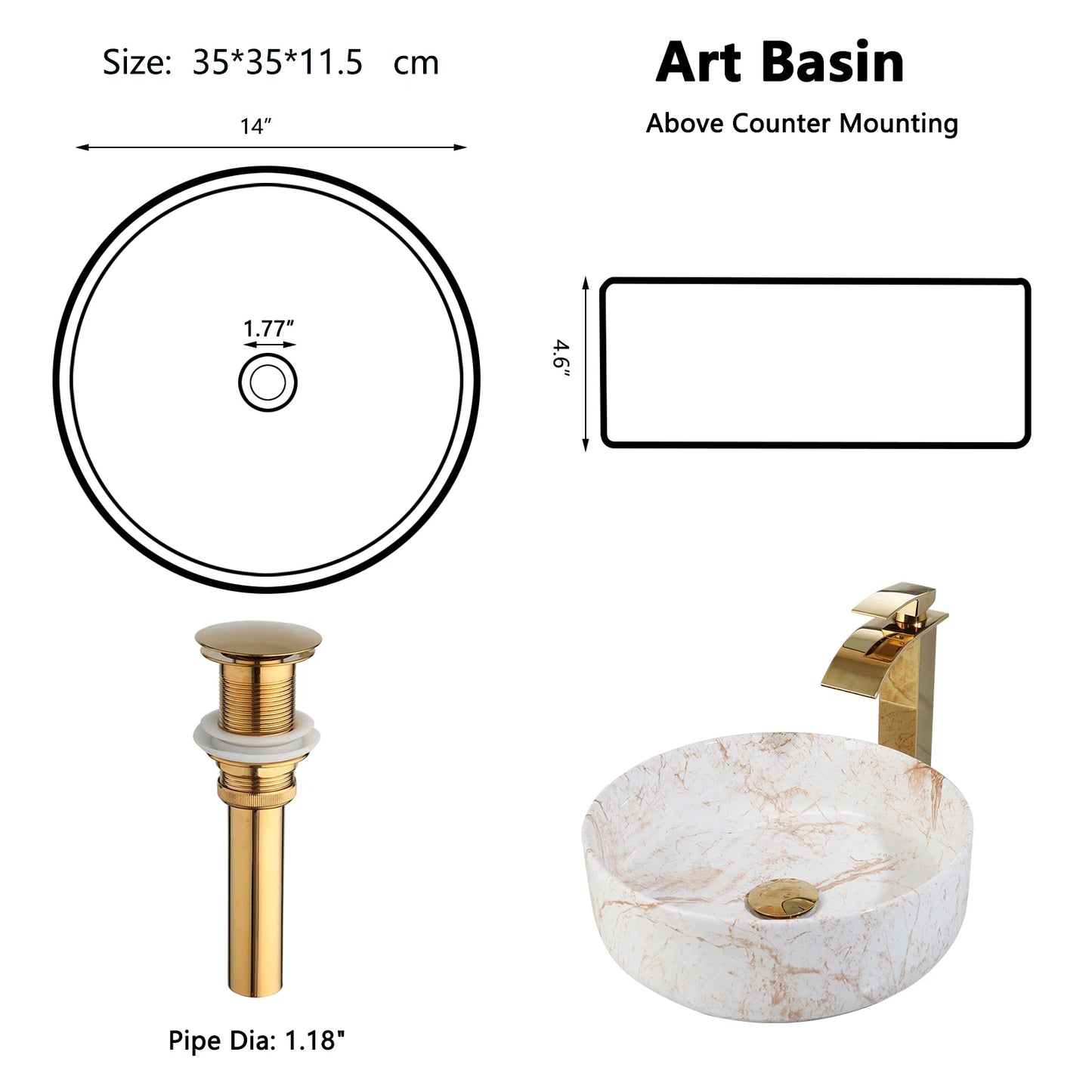 White Marbling Bathroom Vessel Sink With Gold Faucet