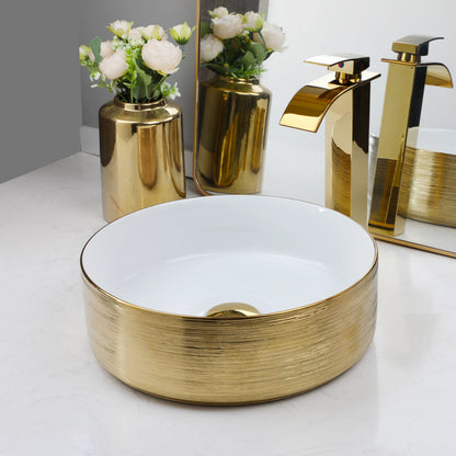 14.6'' Gold Round Ceramic Vessel Sink With Faucet