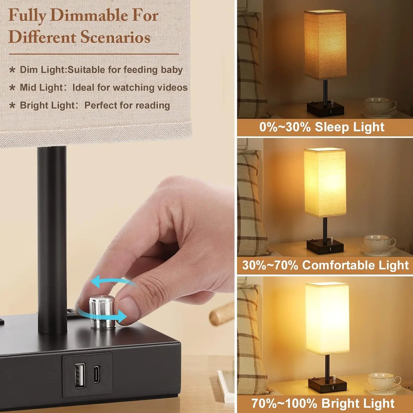Fully Dimmable Nightstand Lamps Set of 2