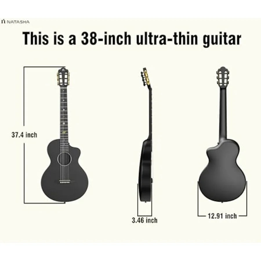 Acoustic guitar for beginners, carbon fiber body, black, ultra-thin 38-inch nylon-string 6-string with durability and lightweig