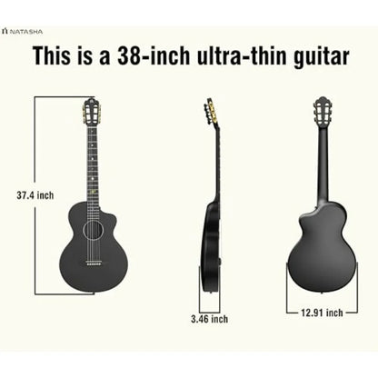 Acoustic guitar for beginners, carbon fiber body, black, ultra-thin 38-inch nylon-string 6-string with durability and lightweig
