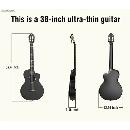 Acoustic guitar for beginners, carbon fiber body, black, ultra-thin 38-inch nylon-string 6-string with durability and lightweig