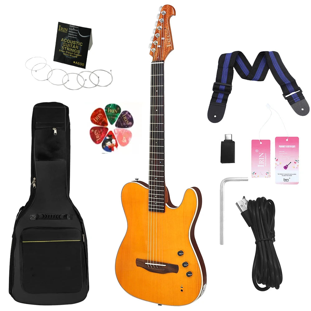 IRIN R3 Electric Acoustic Guitar 22-Fret 39 Inch 6 String Silent Smart Guitar Thin Body Spruce Panel Silent Folk Guitar with Bag