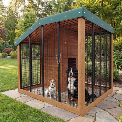 Large Outdoor Wooden Dog House with Roof, Rear Door, Secure Lock & Built-in Storage for Medium to Large Dogs