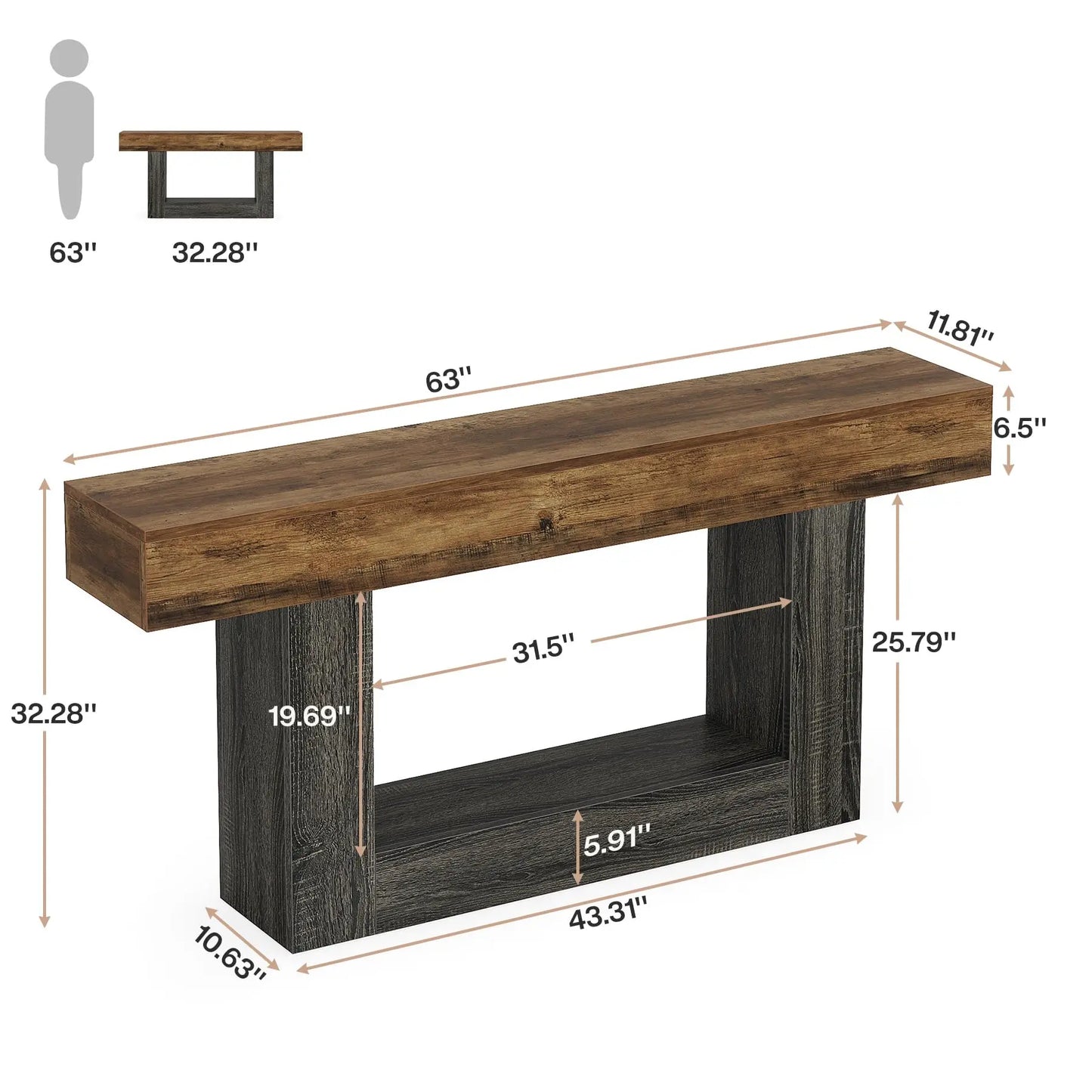 63" Console Table, Farmhouse Entryway Table