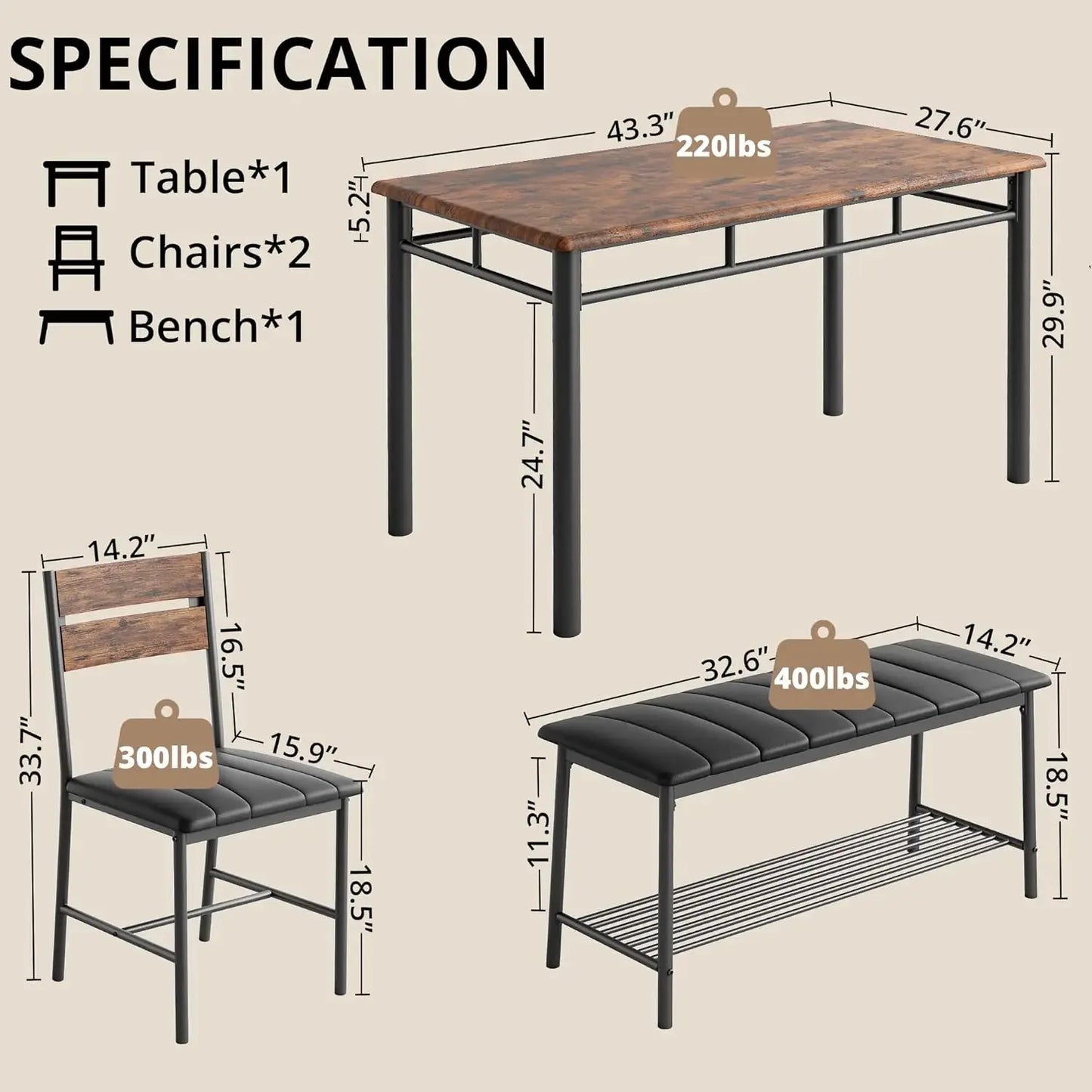 Dining Table Set For 4 With  Bench