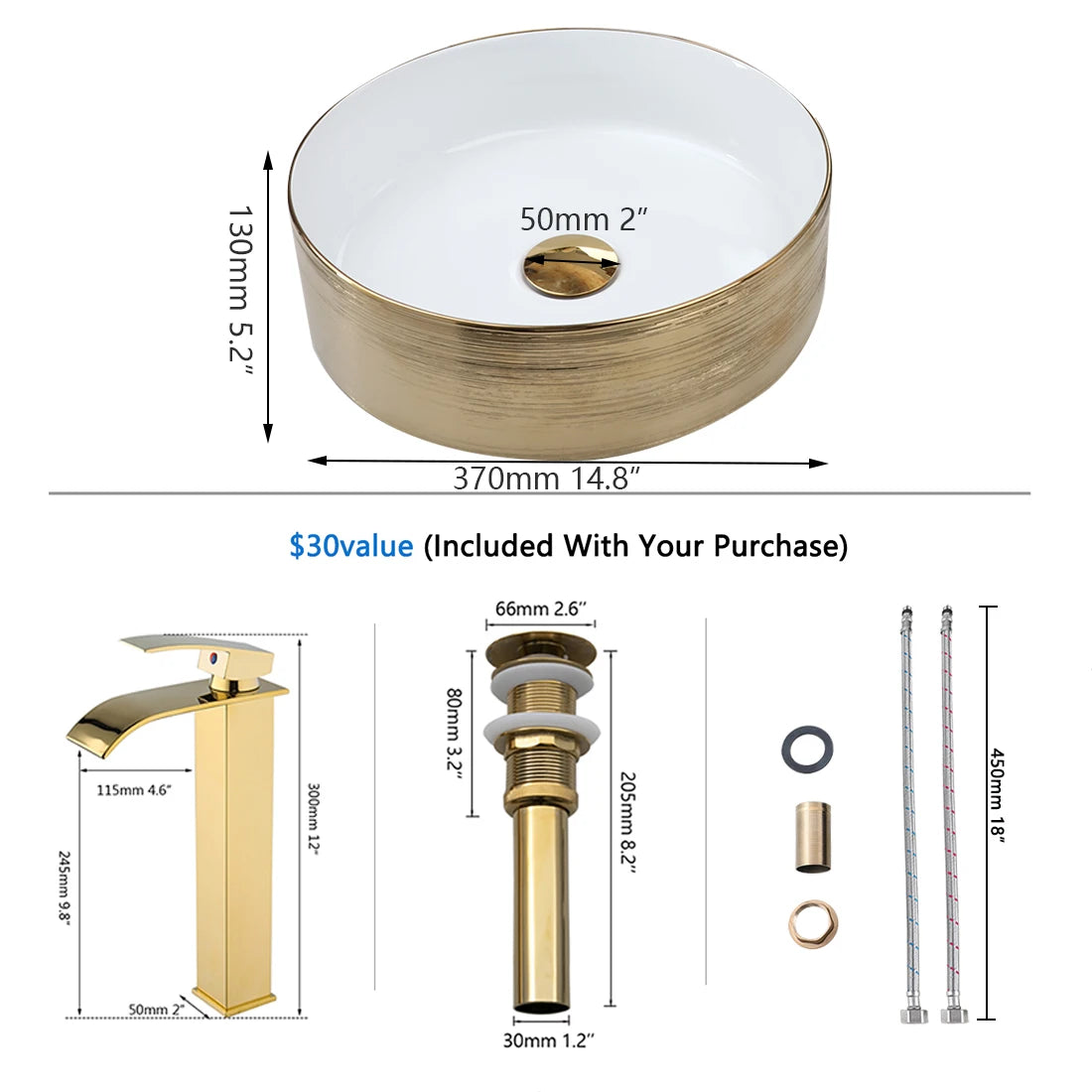 14.6'' Gold Round Ceramic Vessel Sink With Faucet
