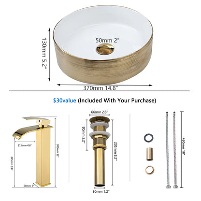14.6'' Gold Round Ceramic Vessel Sink With Faucet