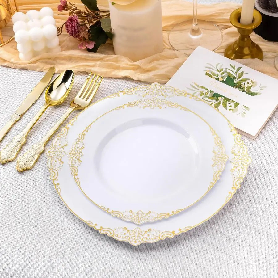 PCS White and Gold Plastic Plates for 100 Guests