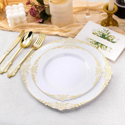 PCS White and Gold Plastic Plates for 100 Guests