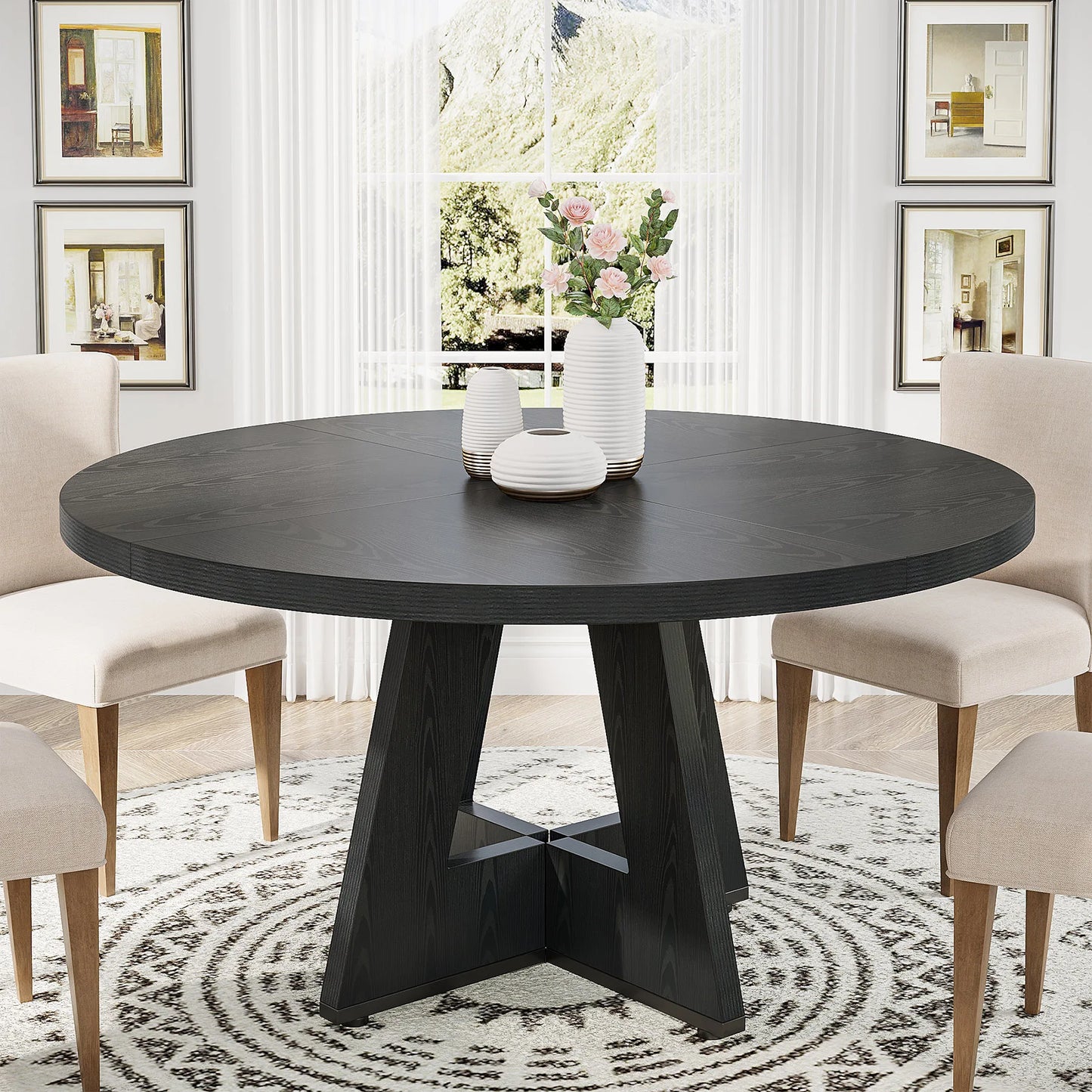Farmhouse Round Dining Table for 4, 47 Inch