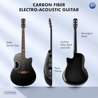 Acoustic Electric Guitar Kit - 41 Carbon Fiber Adult Beginner Set with Bag and Strap, Built-In Pickup, Rich Resonance Warm Tone