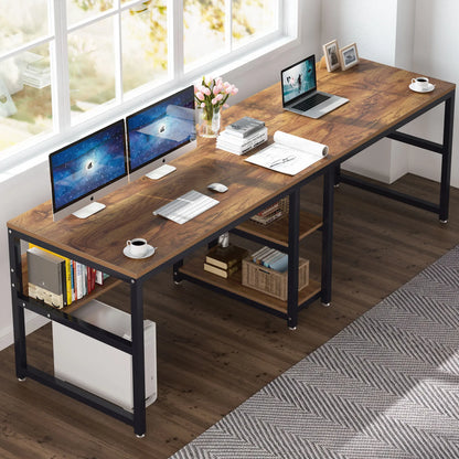 Two Person Desk with Bookshelf