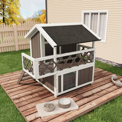 Weatherproof 2-Story Outdoor Cat House With Balcony