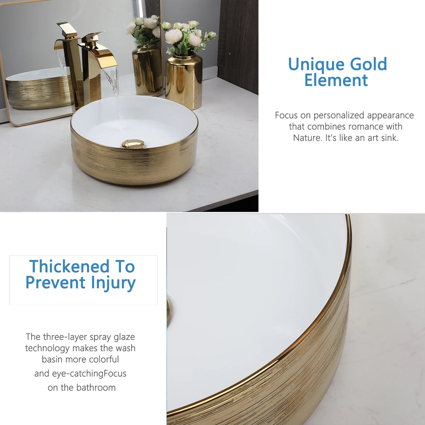 14.6'' Gold Round Ceramic Vessel Sink With Faucet