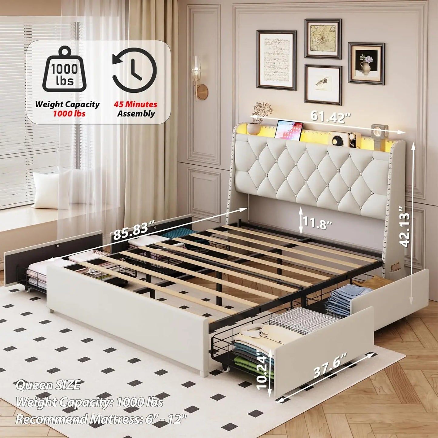 Queen Size Bed Frame 4 Drawers Headboard