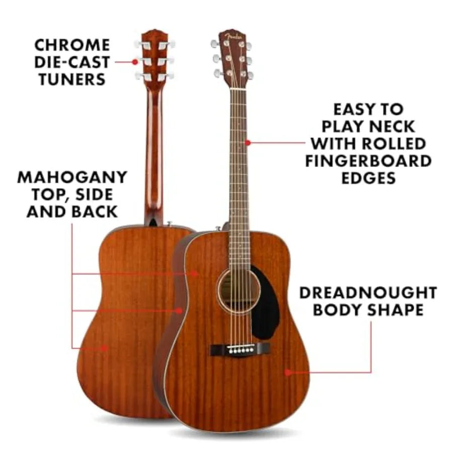 Acoustic Guitar for beginners, mahogany body and neck, walnut fingerboard, natural gloss finish, dreadnought shape, 2-year warr