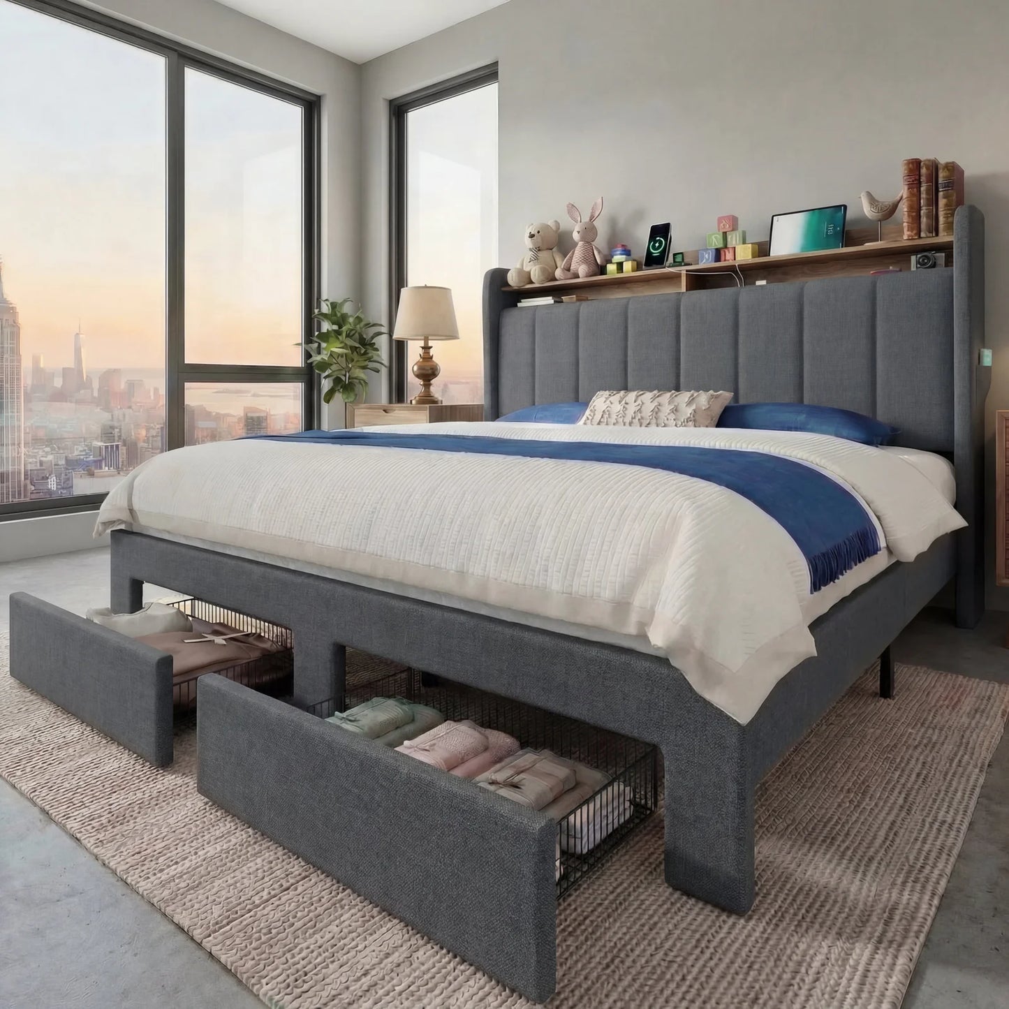 Bed Frame, 2 Storage Drawers Shelves