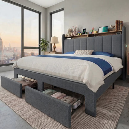 Bed Frame, 2 Storage Drawers Shelves