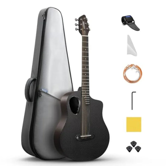 Acoustic Electric Guitar Beginner Kits for practice and performance, carbon fiber top, wooden bowl, built-in pickups, 38 inch,